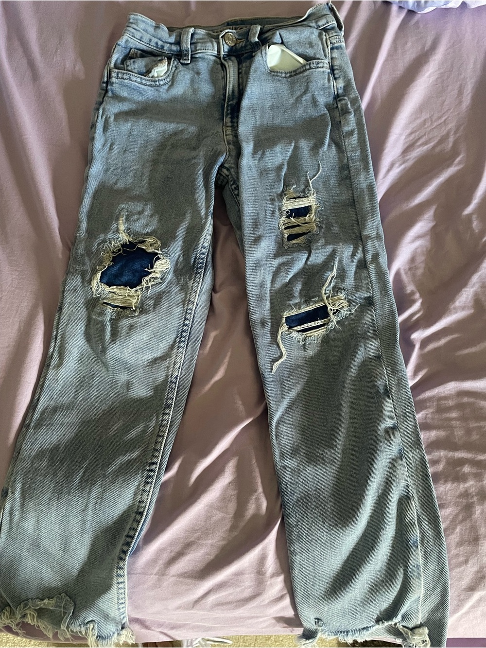 Justice Girls Light Blue Distressed Straight Jeans with Dark Patch Accents